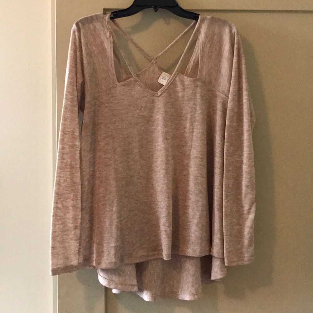 Tan long sleeve top with collar cut outs